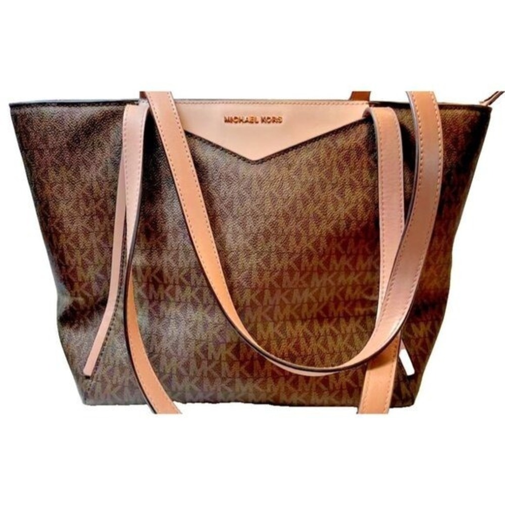 Michael Kors Tote‎ Bag Purse Brown Logo Taupe Leather Trim Authenticated